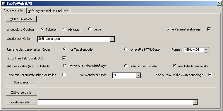 Screenshot des Formulares von TabToWeb